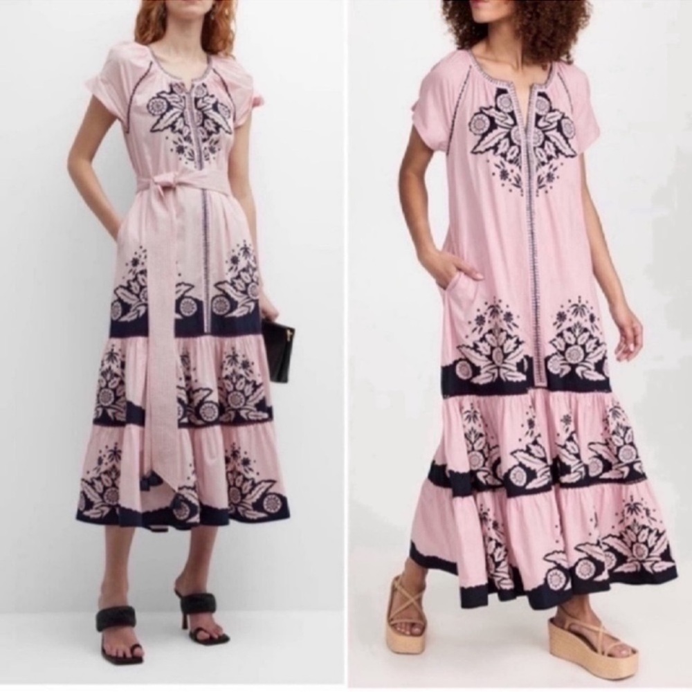 FIGUE Pink and Black Embroidered Maxi Dress L